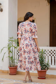 Wome Off-White Floral Printed Flared Dress With Three quarter Sleeves
