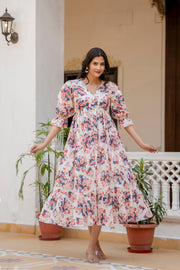 Wome Off-White Floral Printed Flared Dress With Three quarter Sleeves