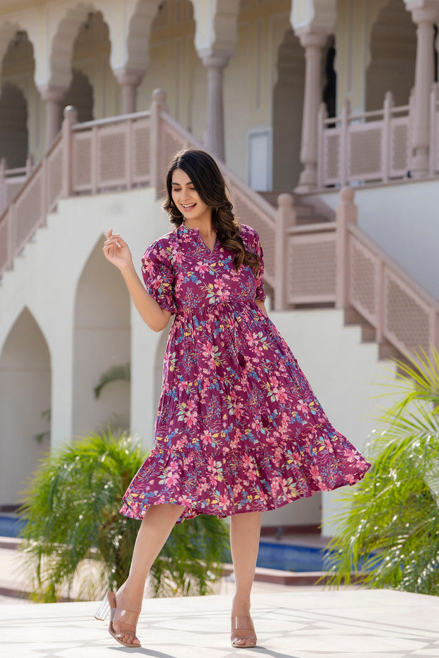 Women Burgundy Printed Flared Dress