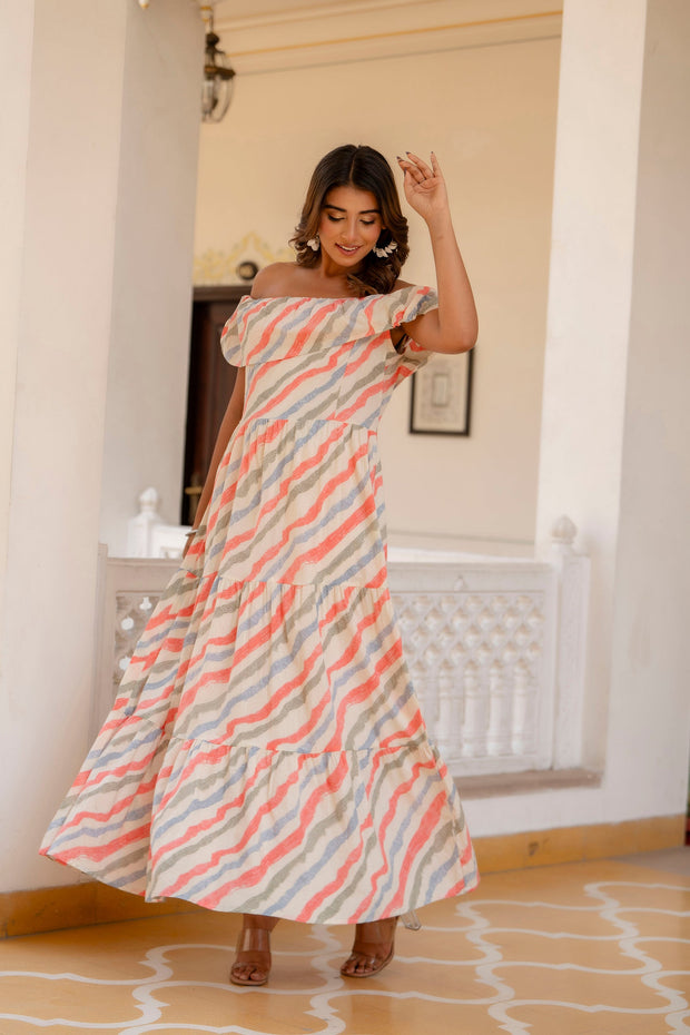Wome Off-White Lehariya Printed Flared Dress