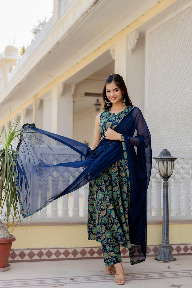 Women Blue Floral Printed Anarkali Kurta With Trouser And Dupatta