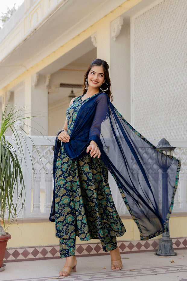 Women Blue Floral Printed Anarkali Kurta With Trouser And Dupatta