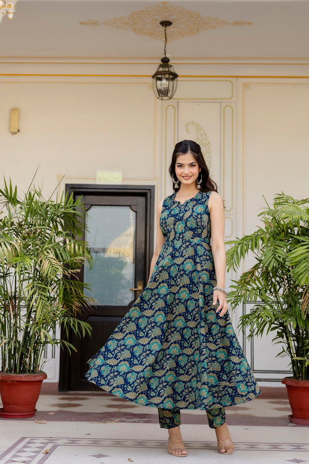 Women Blue Floral Printed Anarkali Kurta With Trouser And Dupatta