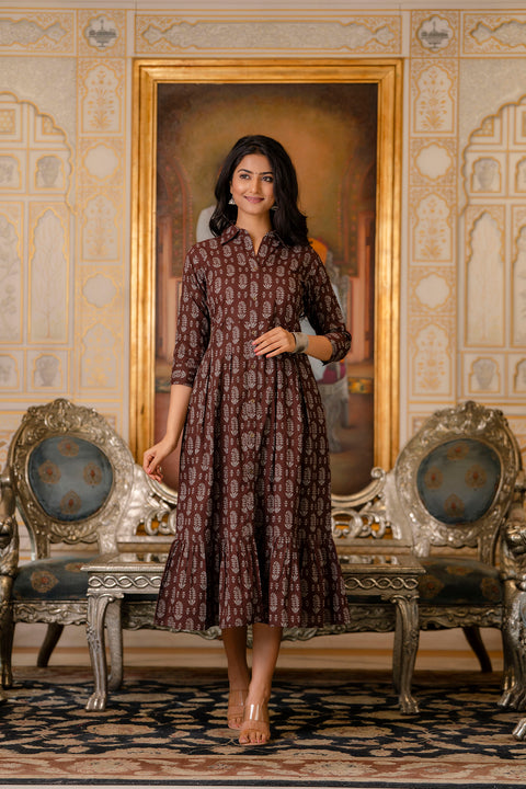 Women Brown Ethnic Printed Flared Dress Nayo Clothing Women Brown Ethnic Printed Flared Dress Nayo Clothing