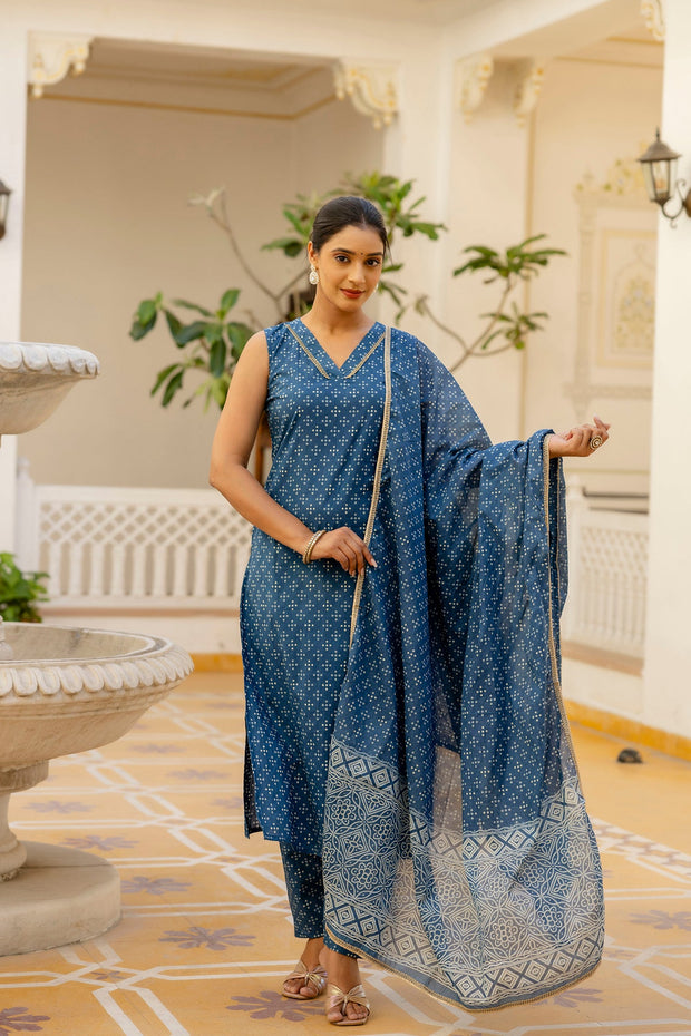 Women Blue Printed Straight Kurta With Trouser And Dupatta