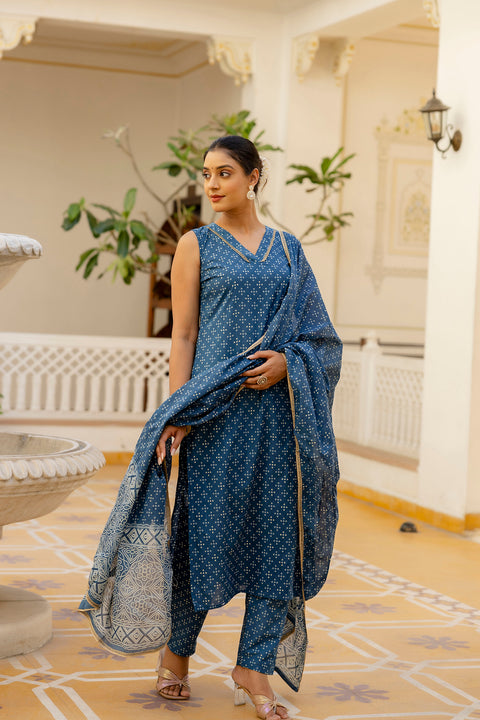 Women Blue Printed Straight Kurta With Trouser And Dupatta