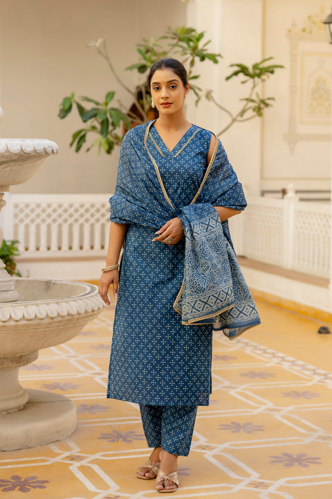 Women Blue Printed Straight Kurta With Trouser And Dupatta