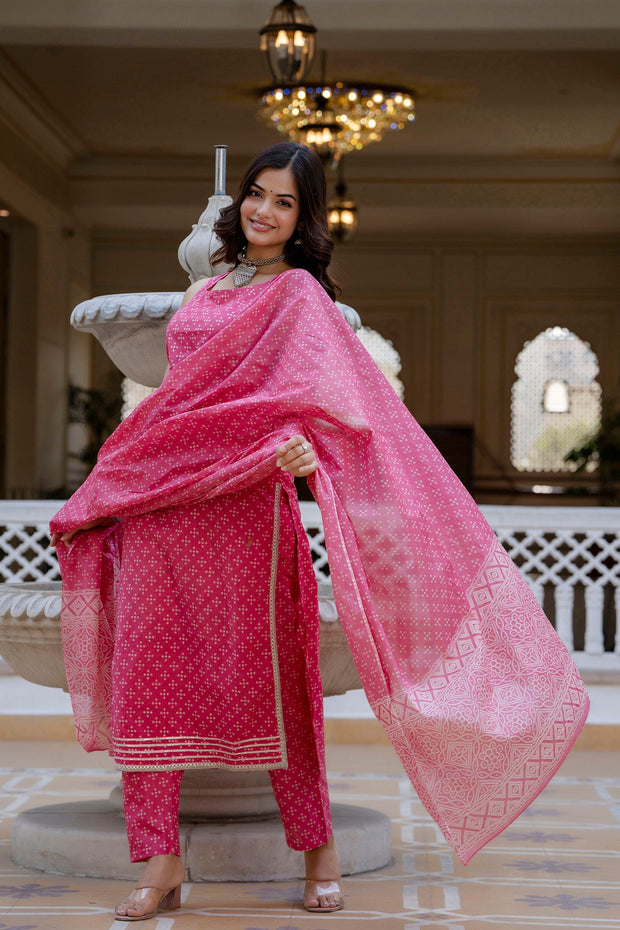 Women Pink Printed Straight Kurta With Trouser And Dupatta