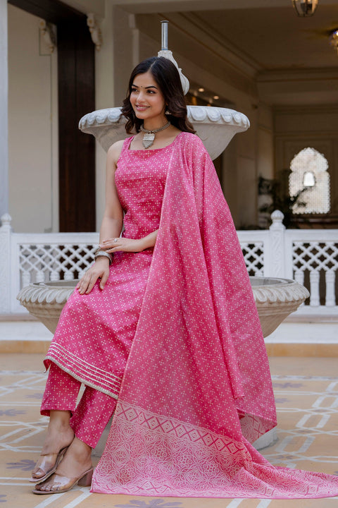 Women Pink Printed Straight Kurta With Trouser And Dupatta