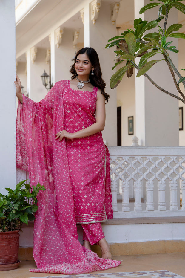 Women Pink Printed Straight Kurta With Trouser And Dupatta