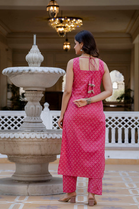 Women Pink Printed Straight Kurta With Trouser And Dupatta