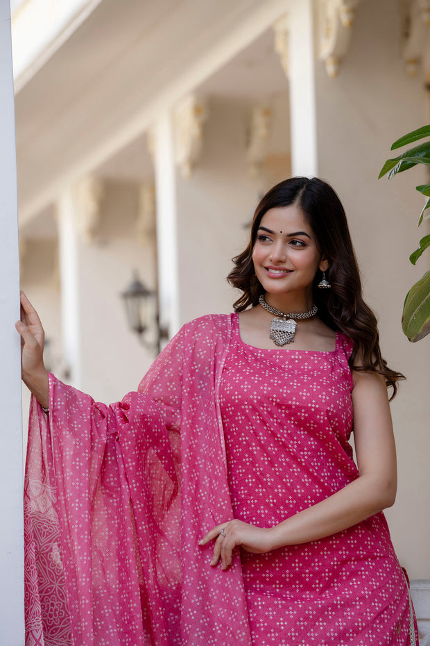 Women Pink Printed Straight Kurta With Trouser And Dupatta