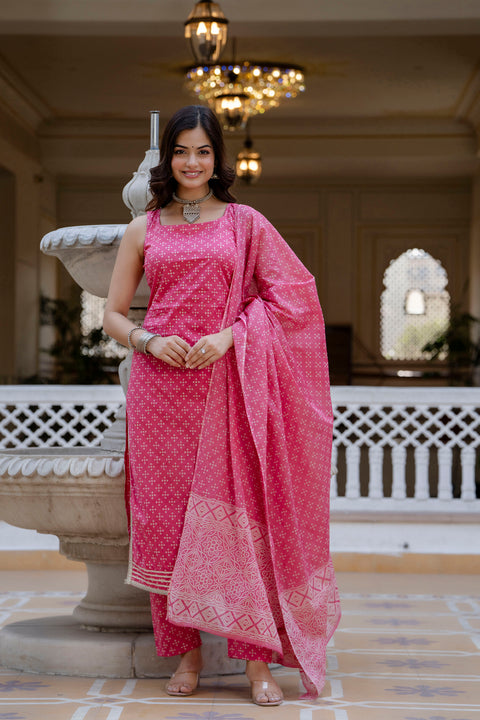 Women Pink Printed Straight Kurta With Trouser And Dupatta