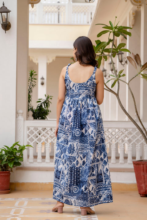 Women Blue Printed Flared Dress