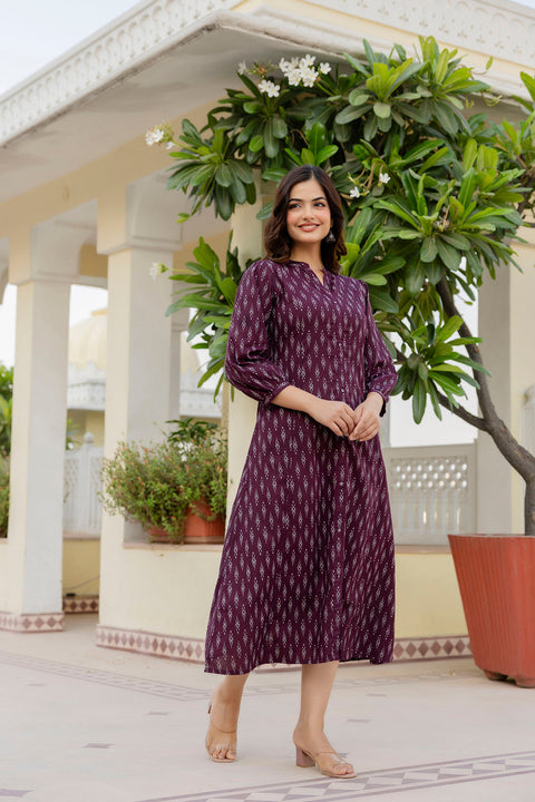 Women Purple Ethnic Printed Flared Dress