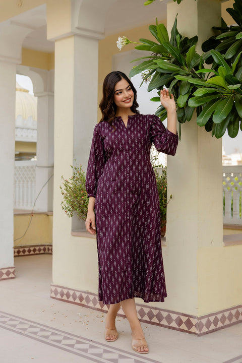 Women Purple Ethnic Printed Flared Dress