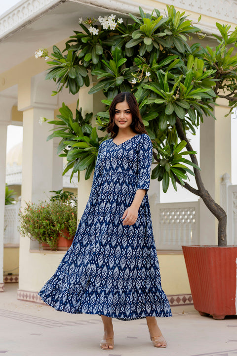 Women Navy Blue Printed Flared Dress