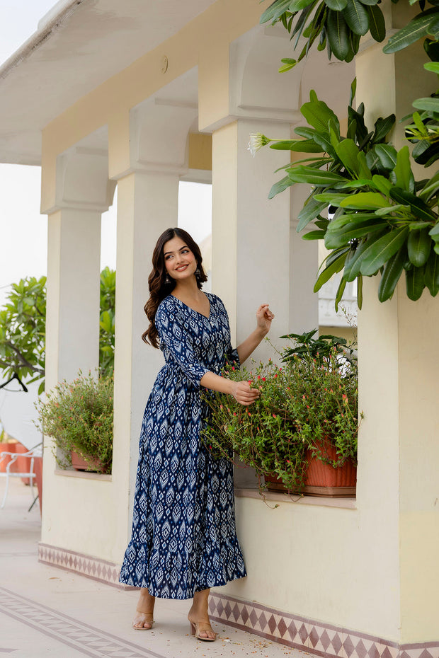 Women Navy Blue Printed Flared Dress