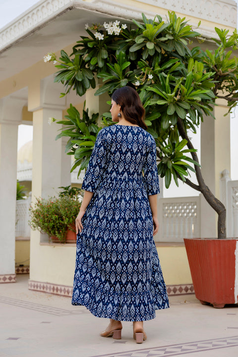 Women Navy Blue Printed Flared Dress