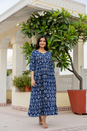 Women Navy Blue Printed Flared Dress