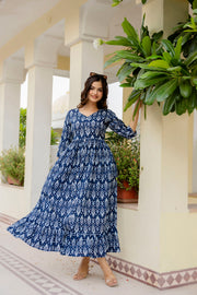 Women Navy Blue Printed Flared Dress