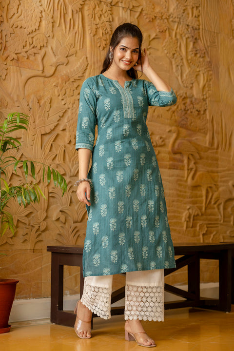 Women Turquoise blue Printed Straight Kurta