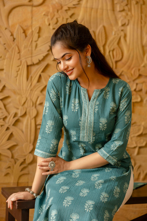 Women Turquoise blue Printed Straight Kurta