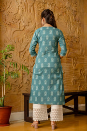 Women Turquoise blue Printed Straight Kurta