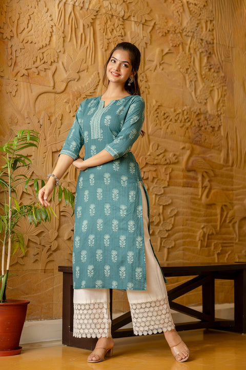 Women Turquoise blue Printed Straight Kurta