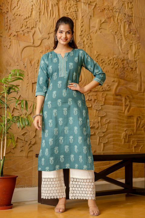 Women Turquoise blue Printed Straight Kurta