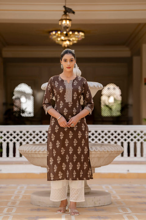 Women Brown Ethnic Printed Straight Kurta with Three Quarter Sleeves