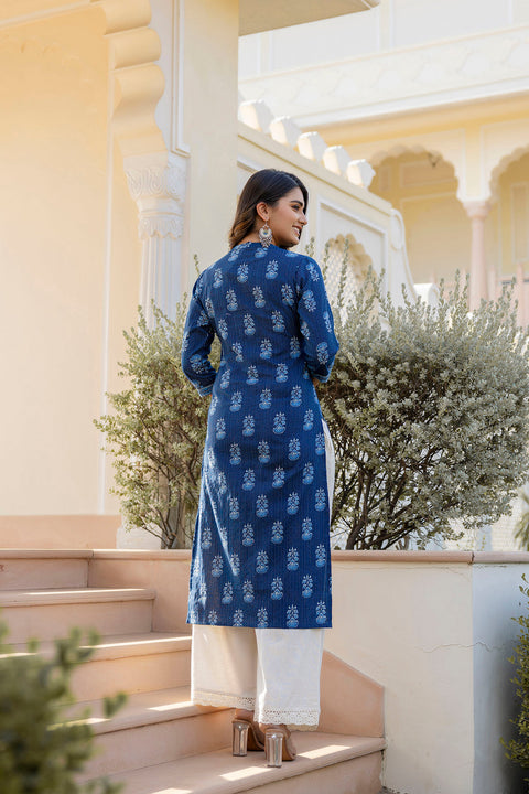 Women Navy Blue Printed Straight Kurta with Three Quarter Sleeves