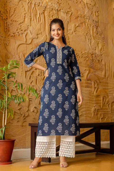 Women Blue Ethnic Printed Straight Kurta with Three Quarter Sleeves