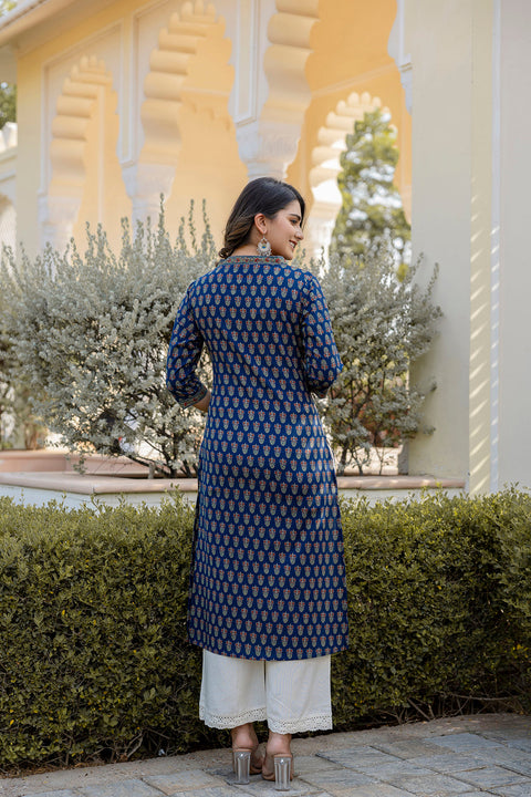 Women Blue Printed Straight Kurta with Three Quarter Sleeves