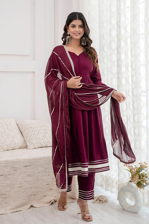 Women Burgundy Anarkali Kurta And Trouser With Dupatta