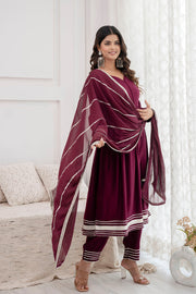 Women Burgundy Anarkali Kurta And Trouser With Dupatta