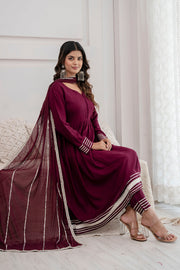 Women Burgundy Anarkali Kurta And Trouser With Dupatta