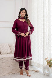 Women Burgundy Anarkali Kurta And Trouser With Dupatta