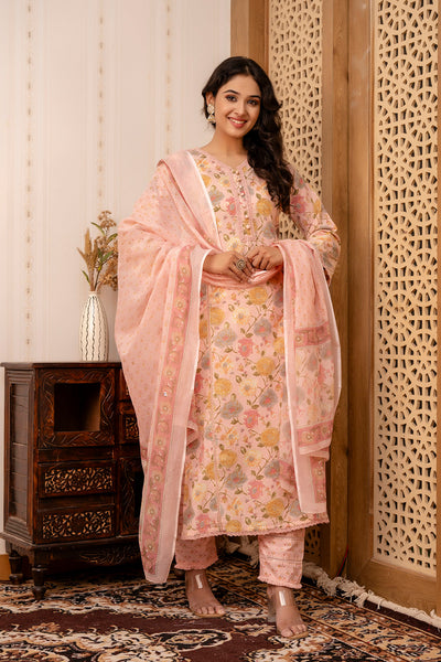 Women Pink Printed Straight Kurta And Trouser With Dupatta