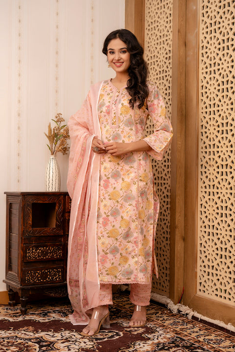 Women Pink Printed Straight Kurta And Trouser With Dupatta