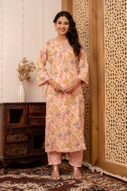 Women Pink Printed Straight Kurta And Trouser With Dupatta