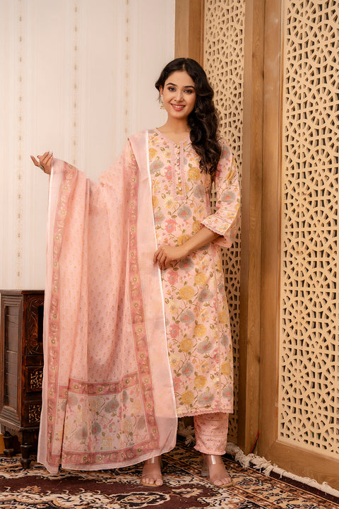 Women Pink Printed Straight Kurta And Trouser With Dupatta