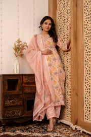 Women Pink Printed Straight Kurta And Trouser With Dupatta