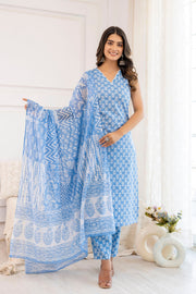 Women Aqua Blue Printed Straight Kurta With Trouser And Dupatta