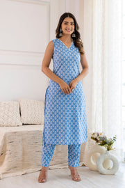 Women Aqua Blue Printed Straight Kurta With Trouser And Dupatta