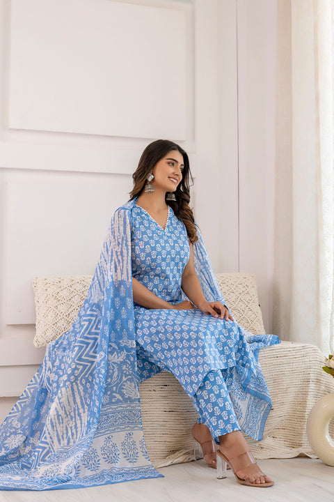 Women Aqua Blue Printed Straight Kurta With Trouser And Dupatta