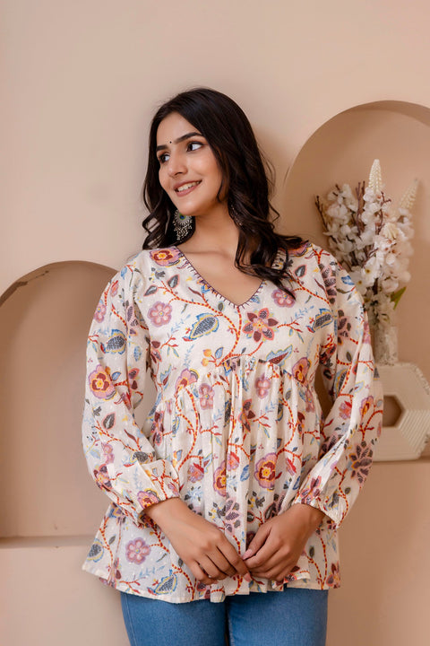 Women Off White Printed V-Neck Peplum Tunic