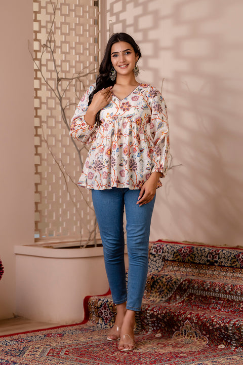 Women Off White Printed V-Neck Peplum Tunic