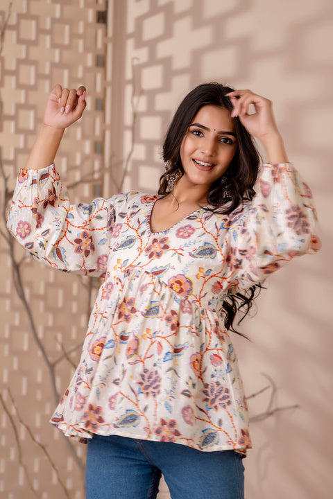 Women Off White Printed V-Neck Peplum Tunic