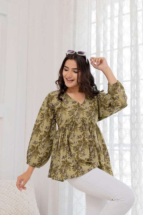 Women Green Printed V-Neck Peplum Tunic